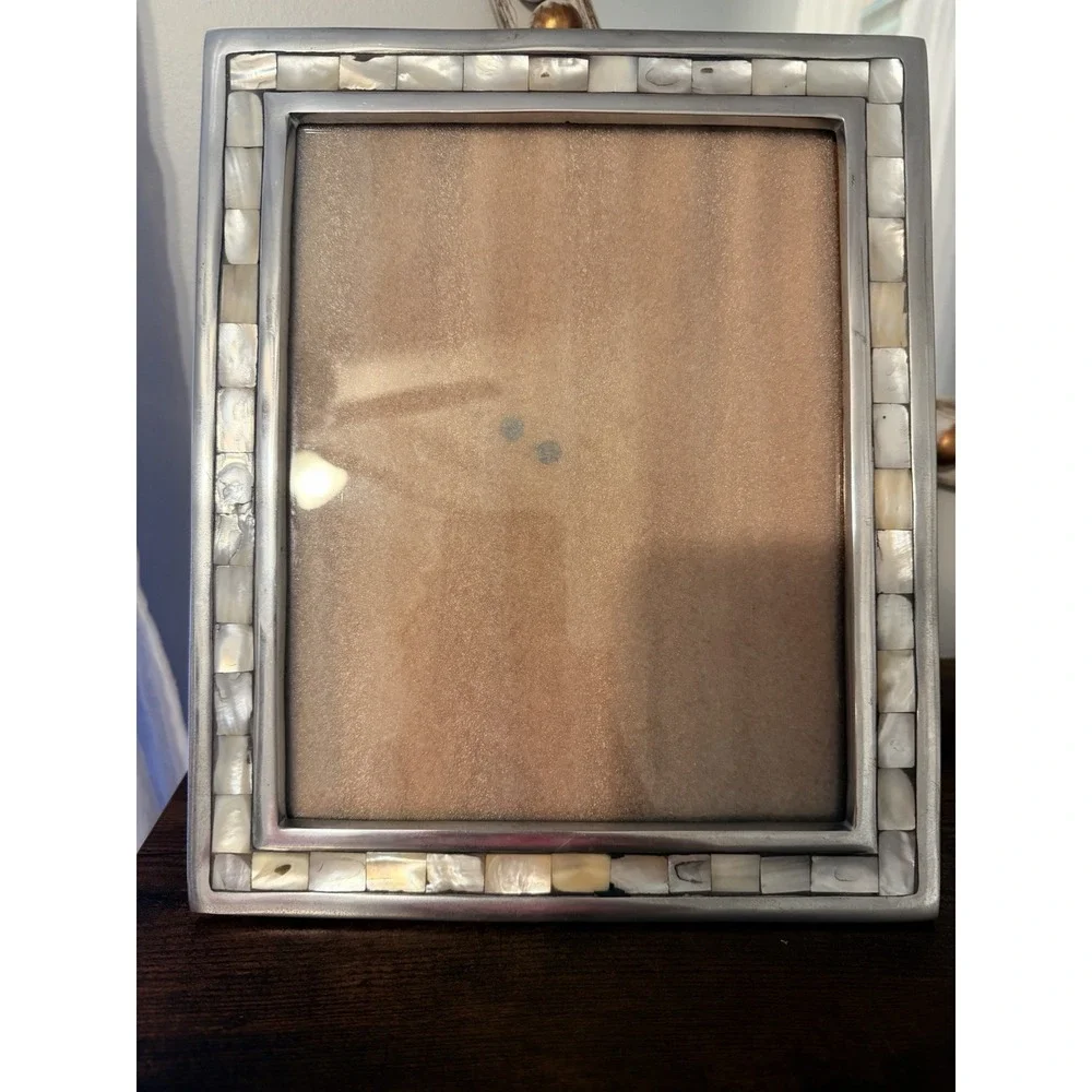 Mother of Pearl Mosaic Picture Frame 8x10 Silver Tone Tabletop Made in India